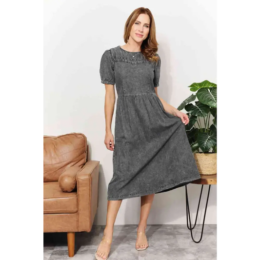 And The Why  Full Size Washed Chambray Midi Dress - Madi Gray Boutique