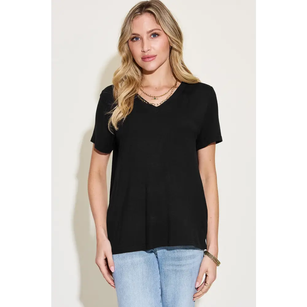 Basic Bae Full Size V-Neck High-Low T-Shirt - Black / S - Tops