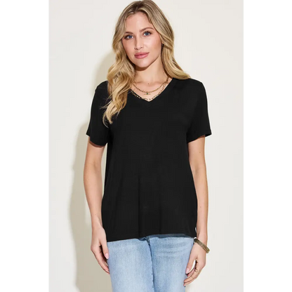 Basic Bae Full Size V-Neck High-Low T-Shirt - Black / S - Tops