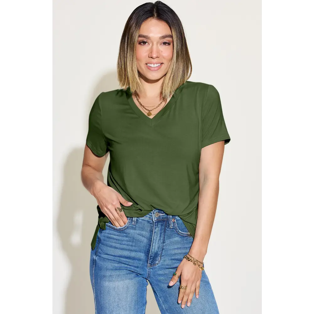 Basic Bae Full Size V-Neck High-Low T-Shirt - Moss / S - Tops