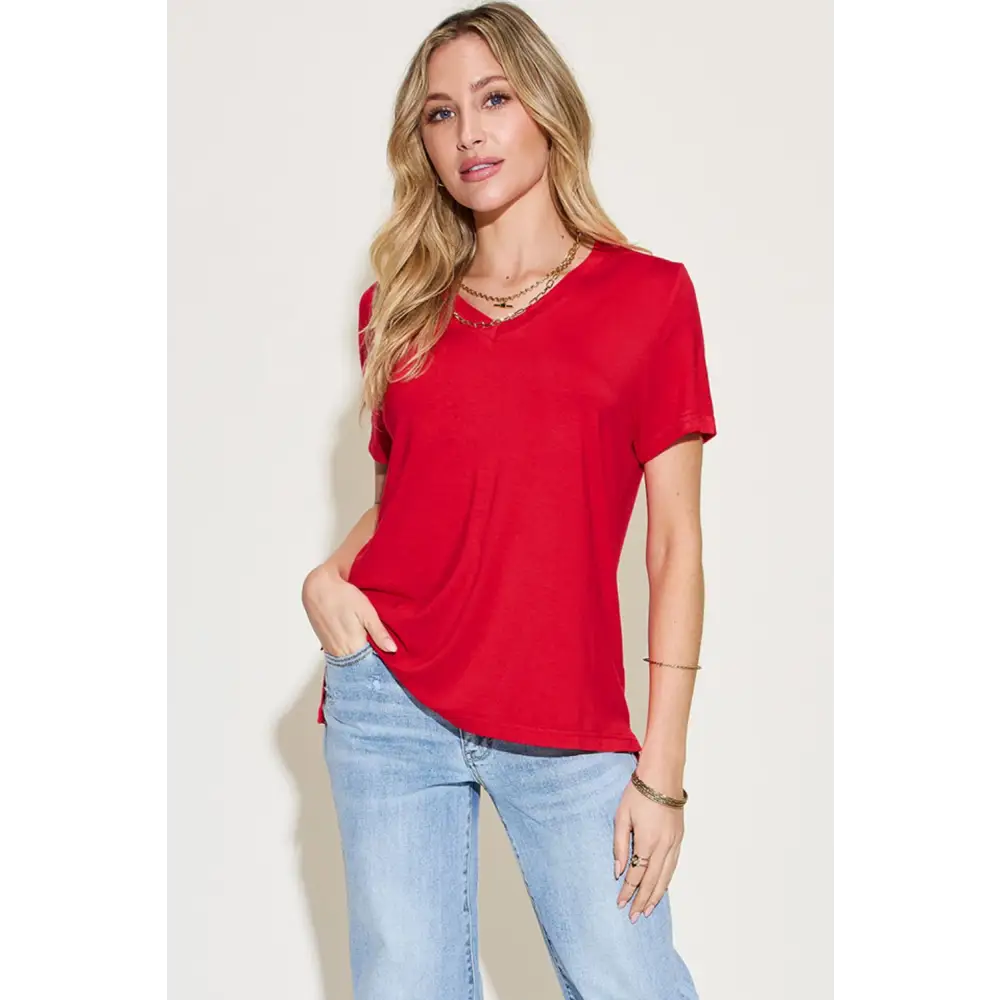 Basic Bae Full Size V-Neck High-Low T-Shirt - Red / S - Tops