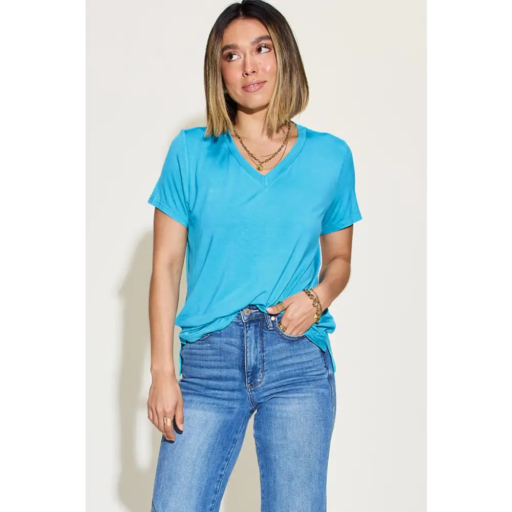 Basic Bae Full Size V-Neck High-Low T-Shirt - Tops