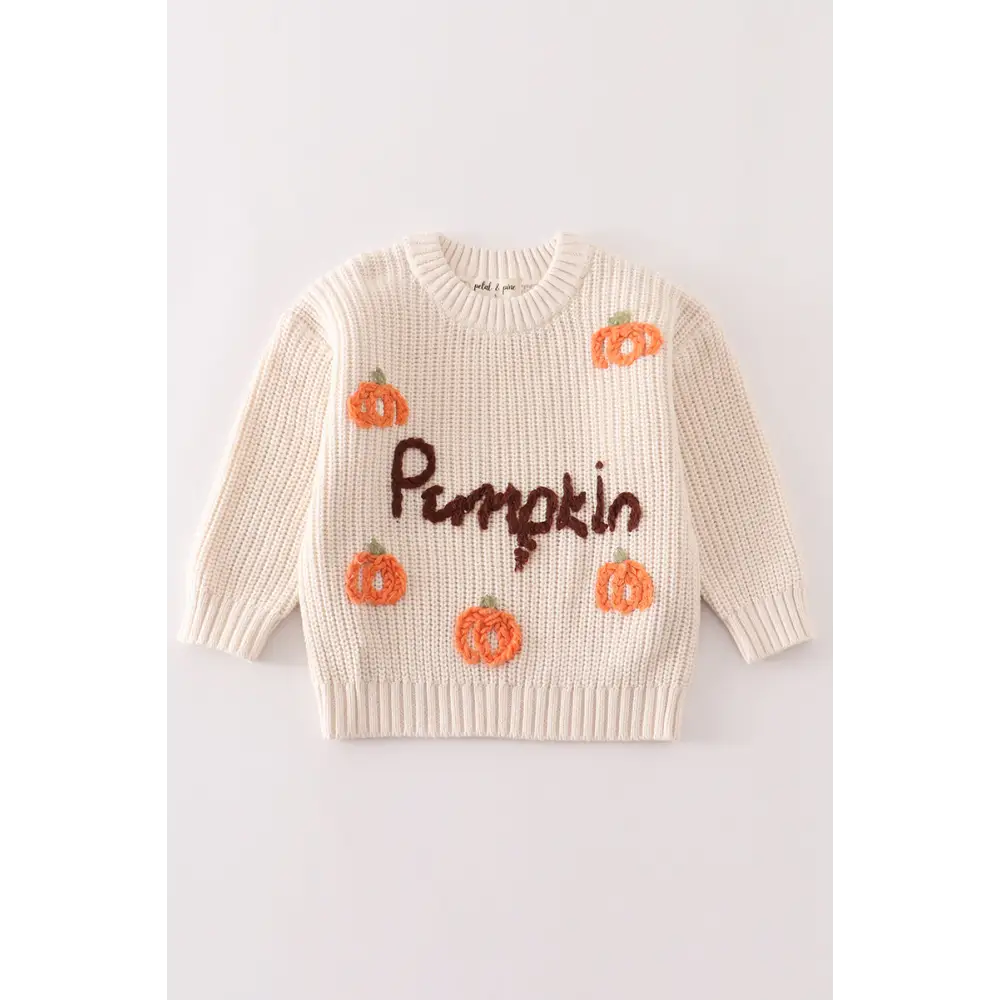 Beige hand-embroidery pumpkin pullover sweater - sweater