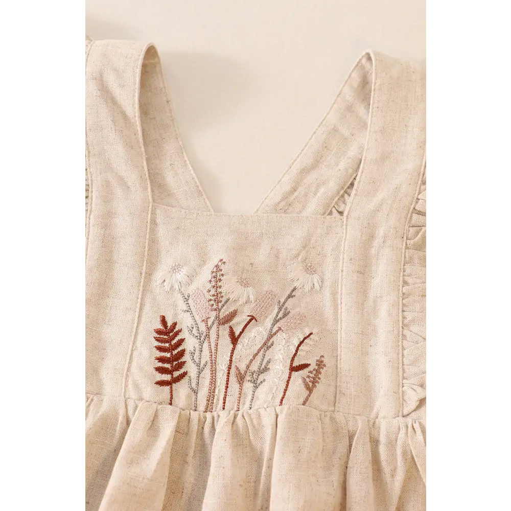 Beige linen floral embroidery ruffle bubble - baby