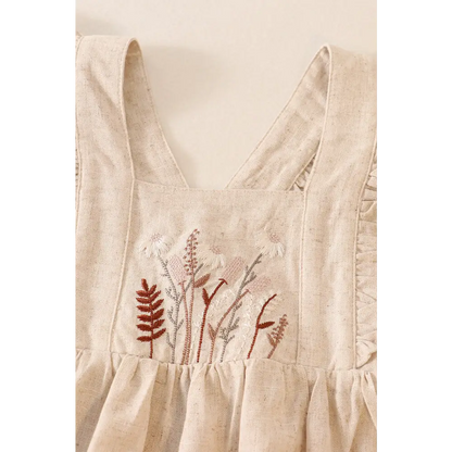 Beige linen floral embroidery ruffle bubble - baby