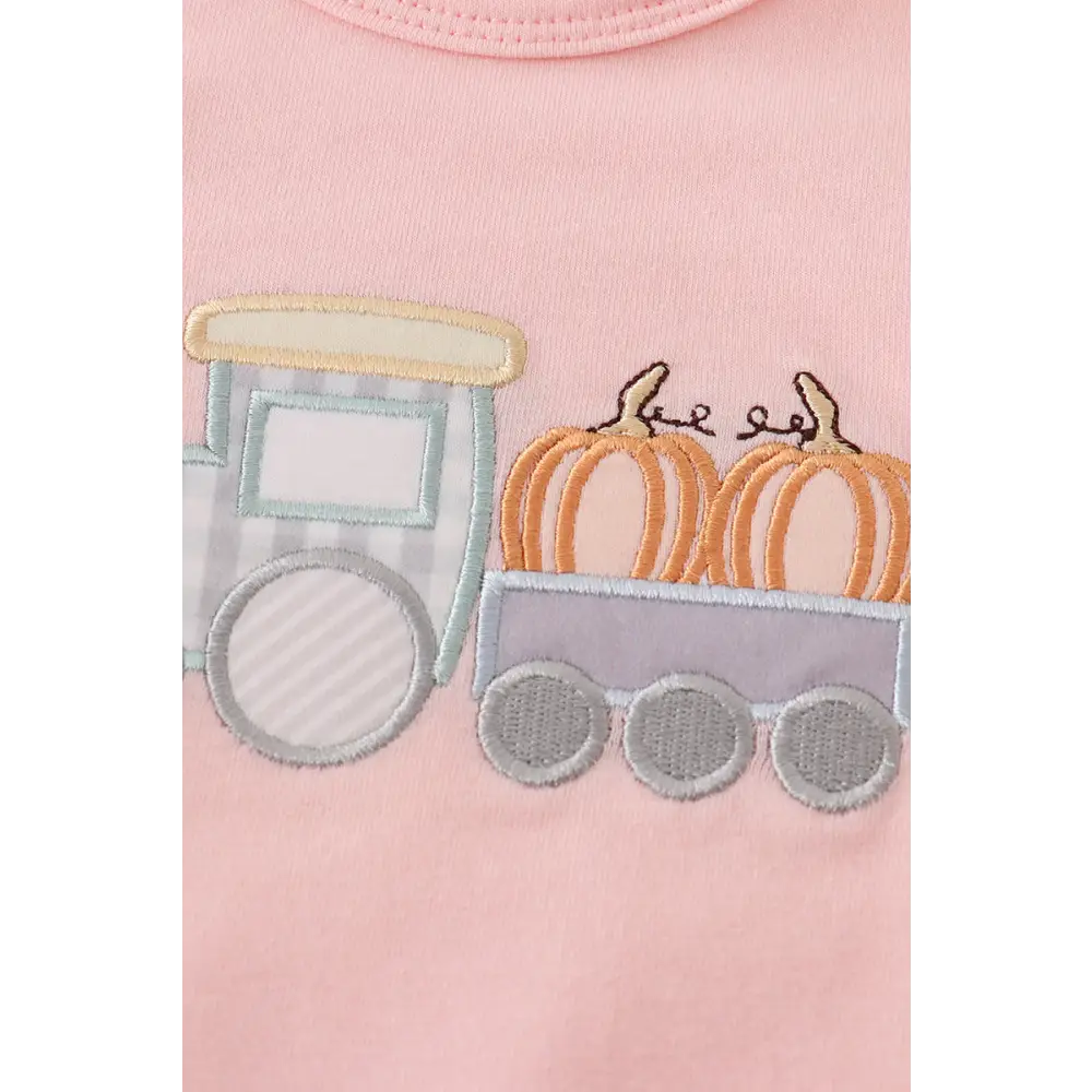 Beige train pumpkin applique girl bubble - baby