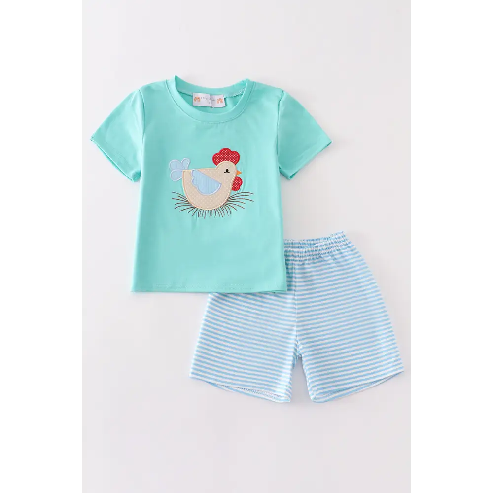 Blue chicken applique boy set - Set