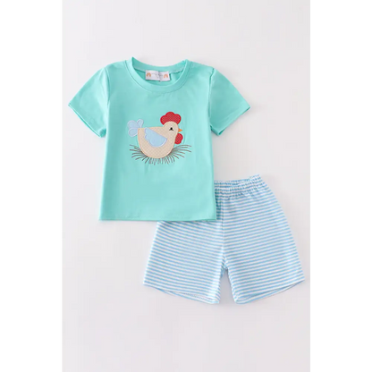 Blue chicken applique boy set - Set