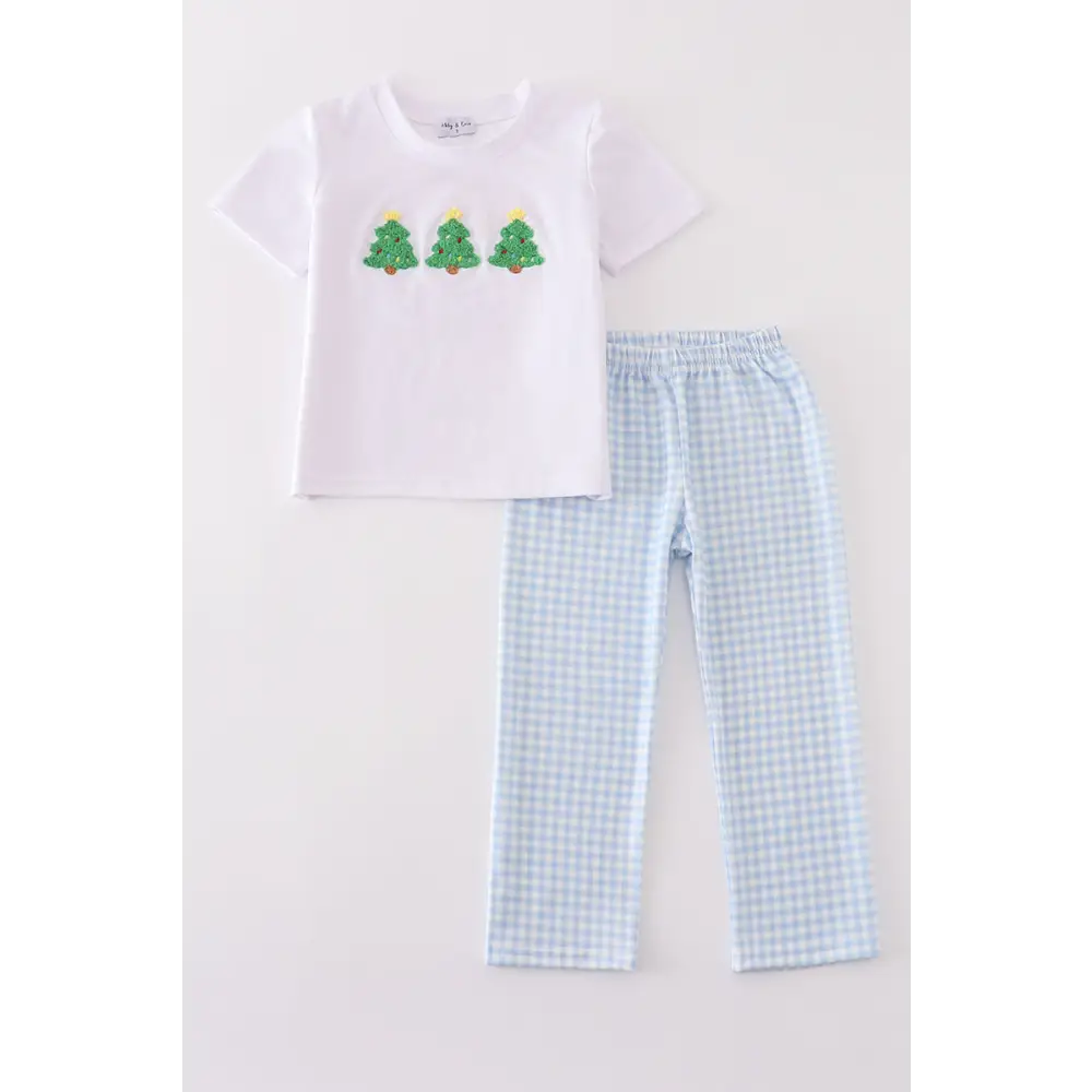 Blue christmas tree french knot smocked boy set - Set