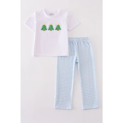 Blue christmas tree french knot smocked boy set - Set