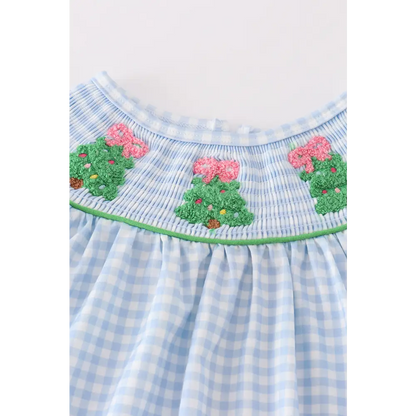 Blue christmas tree french knot smocked girl set - Set