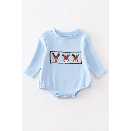 Blue deer smocked boy bubble - baby