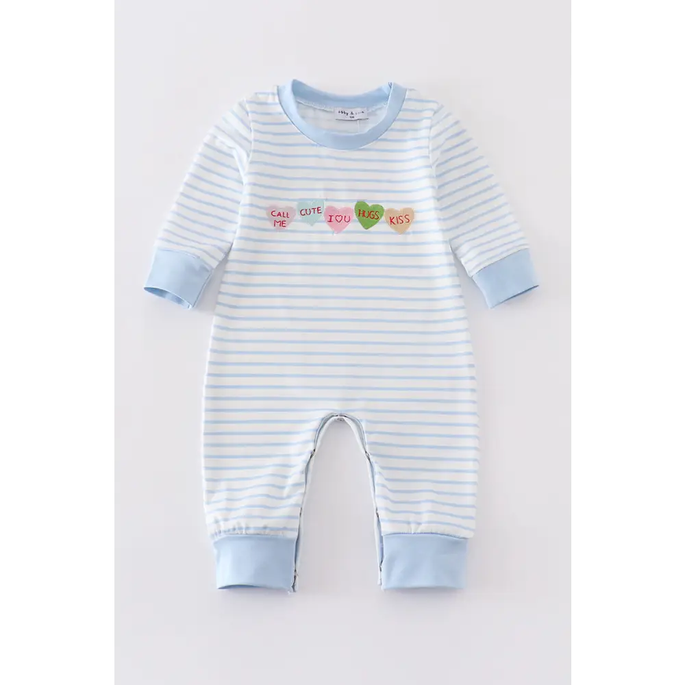 Blue stripe valentine heart embroidery boy romper - baby