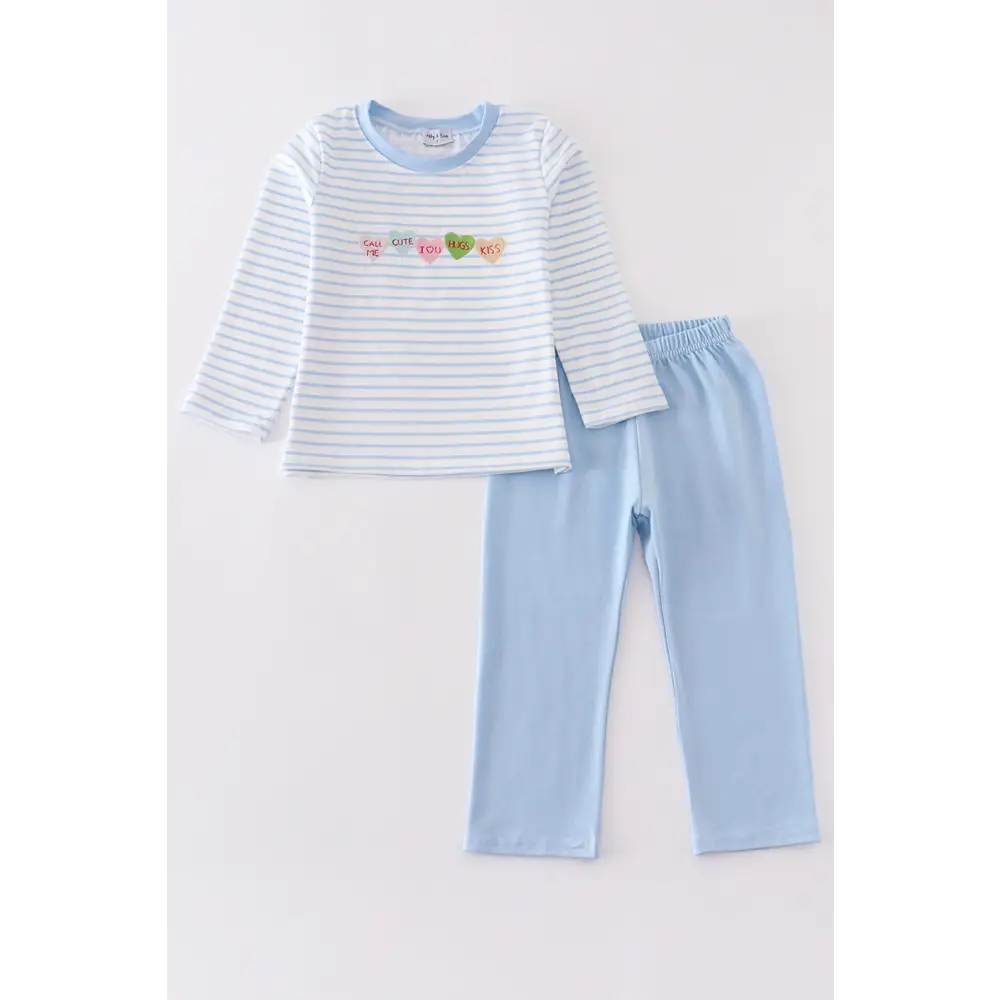 Blue stripe valentine heart embroidery boy set - Set