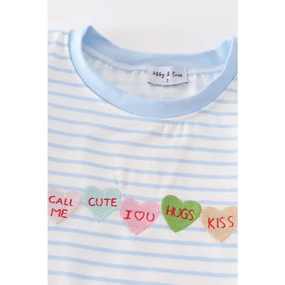 Blue stripe valentine heart embroidery boy set - Set