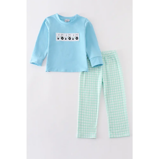 Blue tractor embroidery boy set - Set