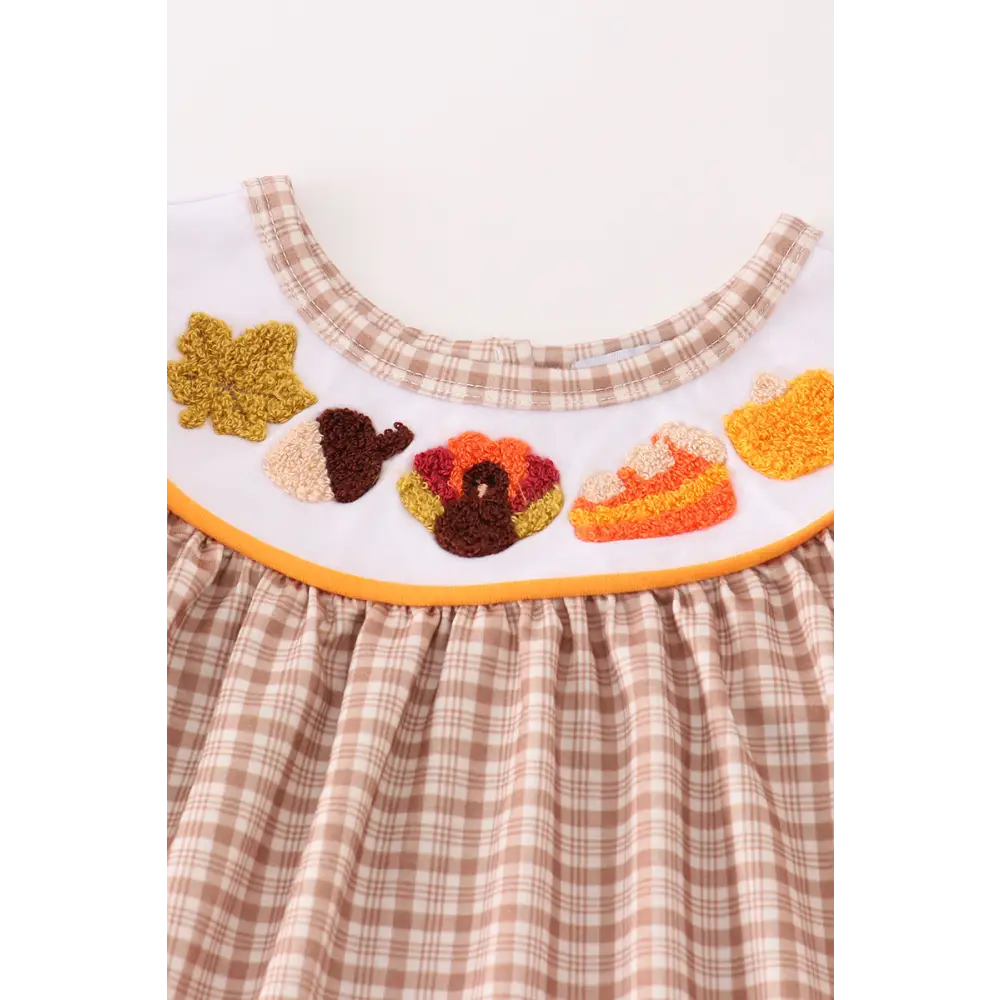 Brown plaid turkey french knot girl set - Set