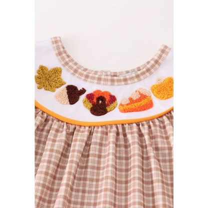 Brown plaid turkey french knot girl set - Set