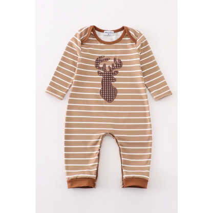 Brown stripe antler applique boy romper - baby