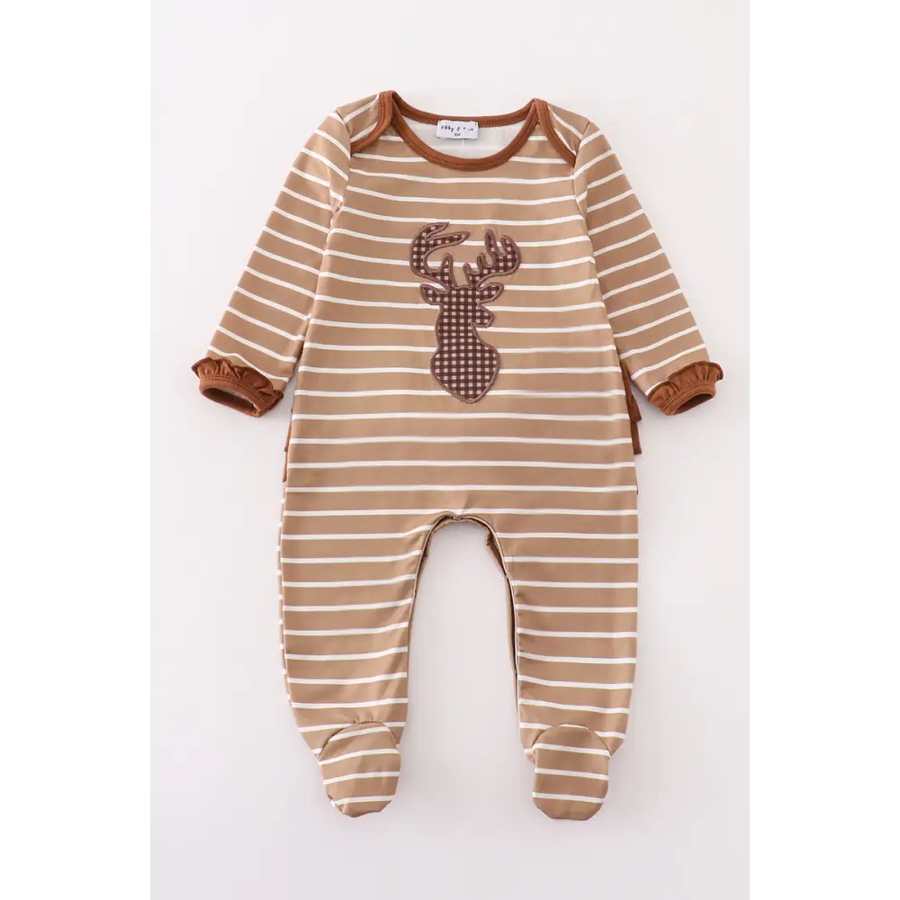 Brown stripe antler applique girl romper - baby