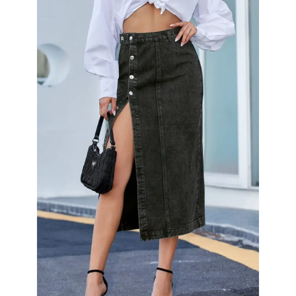 Button Down Denim Skirt - Black / XS - Bottoms