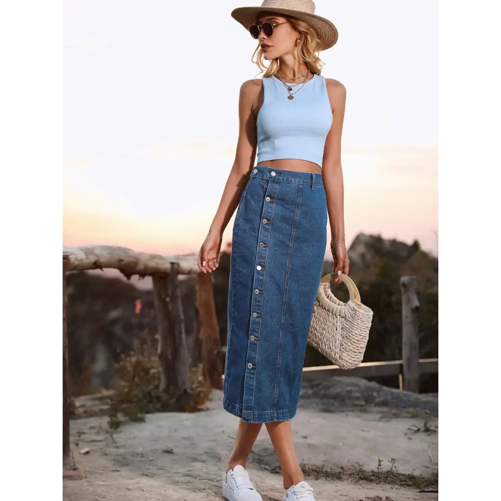 Button Down Denim Skirt - Bottoms