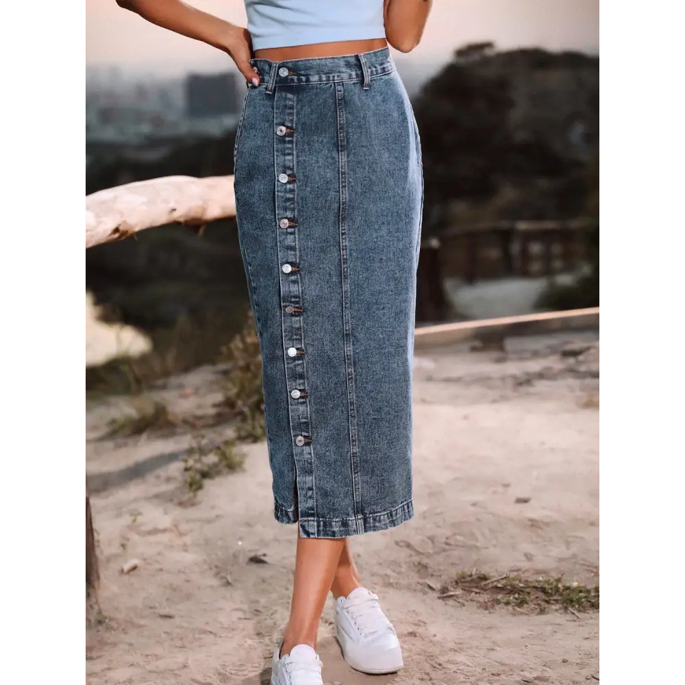 Button Down Denim Skirt - Bottoms