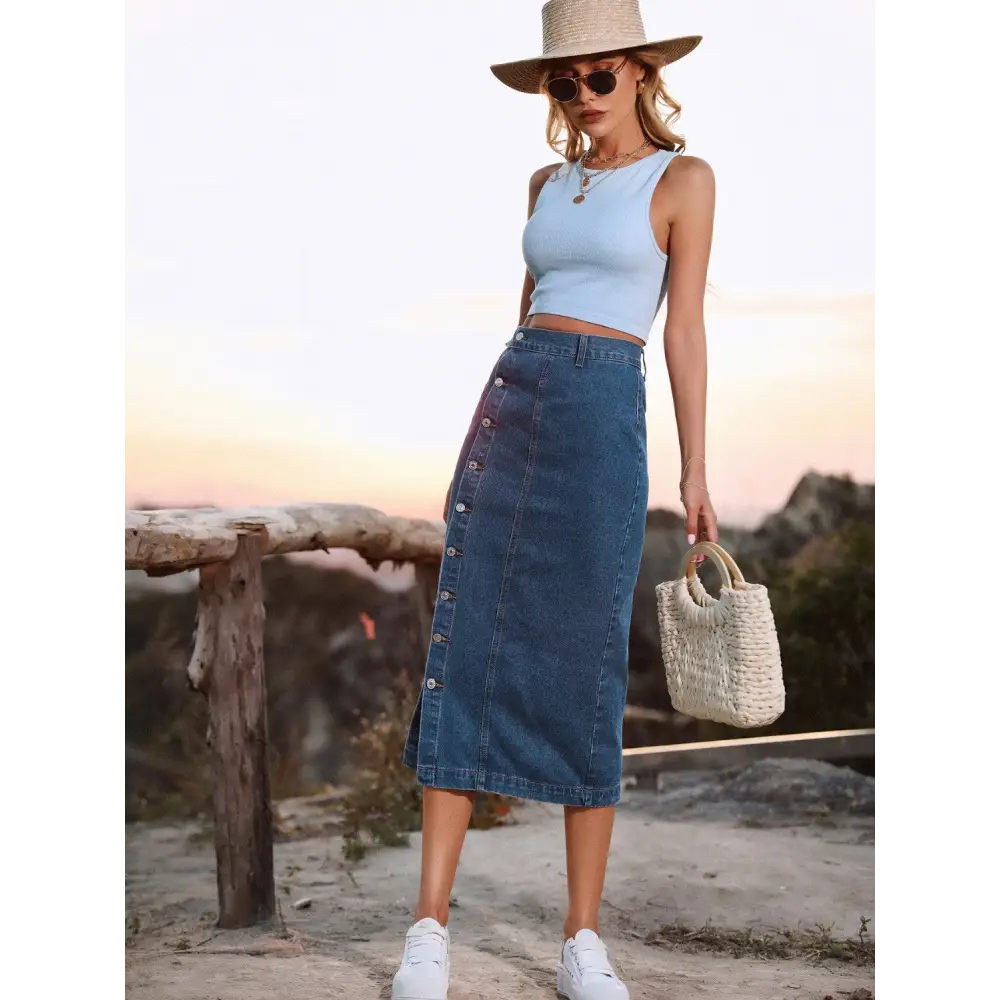 Button Down Denim Skirt - Bottoms