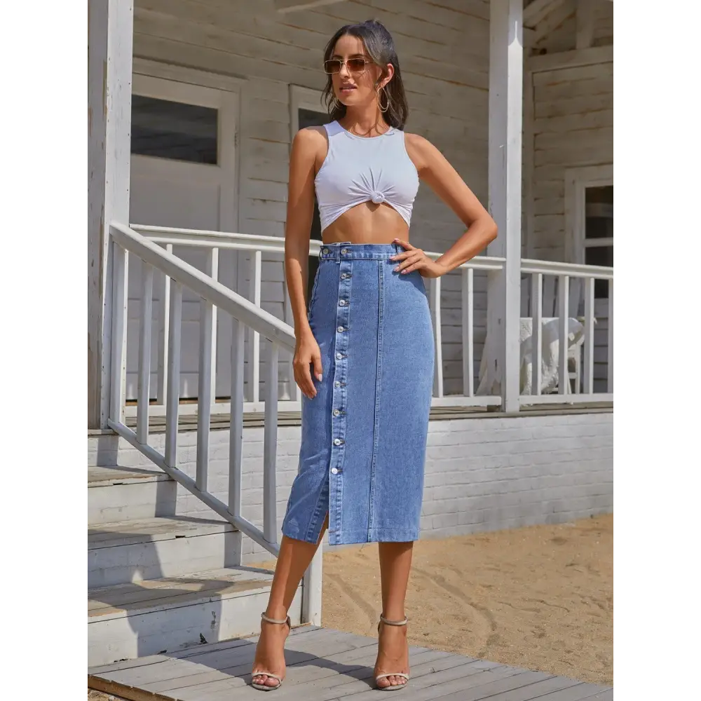 Button Down Denim Skirt - Bottoms