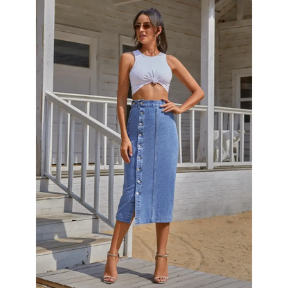 Button Down Denim Skirt - Bottoms