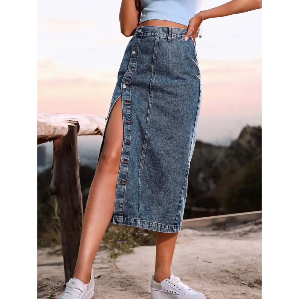 Button Down Denim Skirt - Bottoms