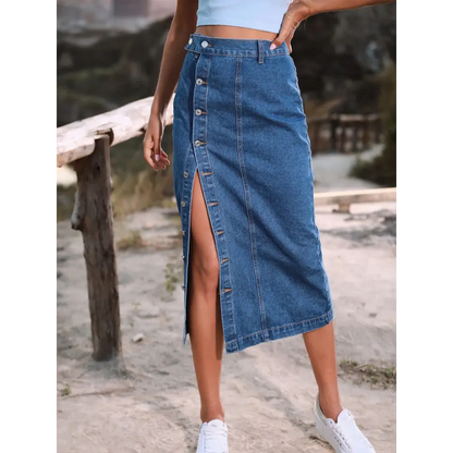 Button Down Denim Skirt - French Blue / XS - Bottoms