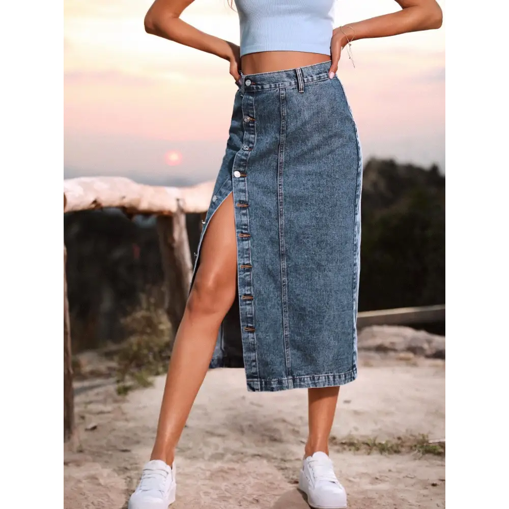 Button Down Denim Skirt - Navy / XS - Bottoms