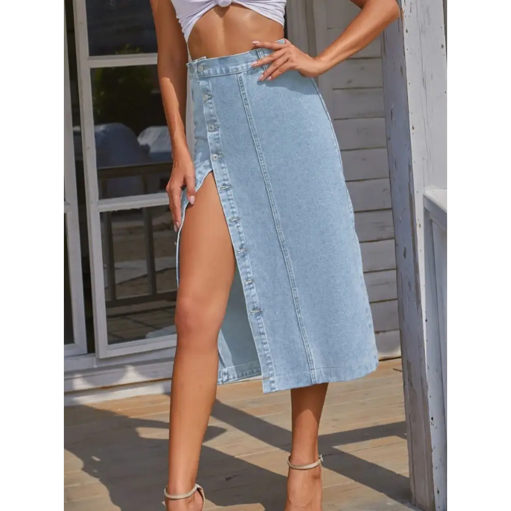 Button Down Denim Skirt - Pastel Blue / XS - Bottoms