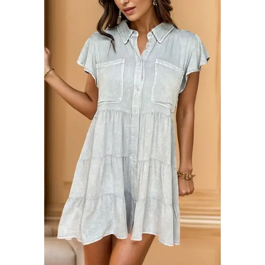 Button Up Cap Sleeve Denim Dress - Light Gray / S