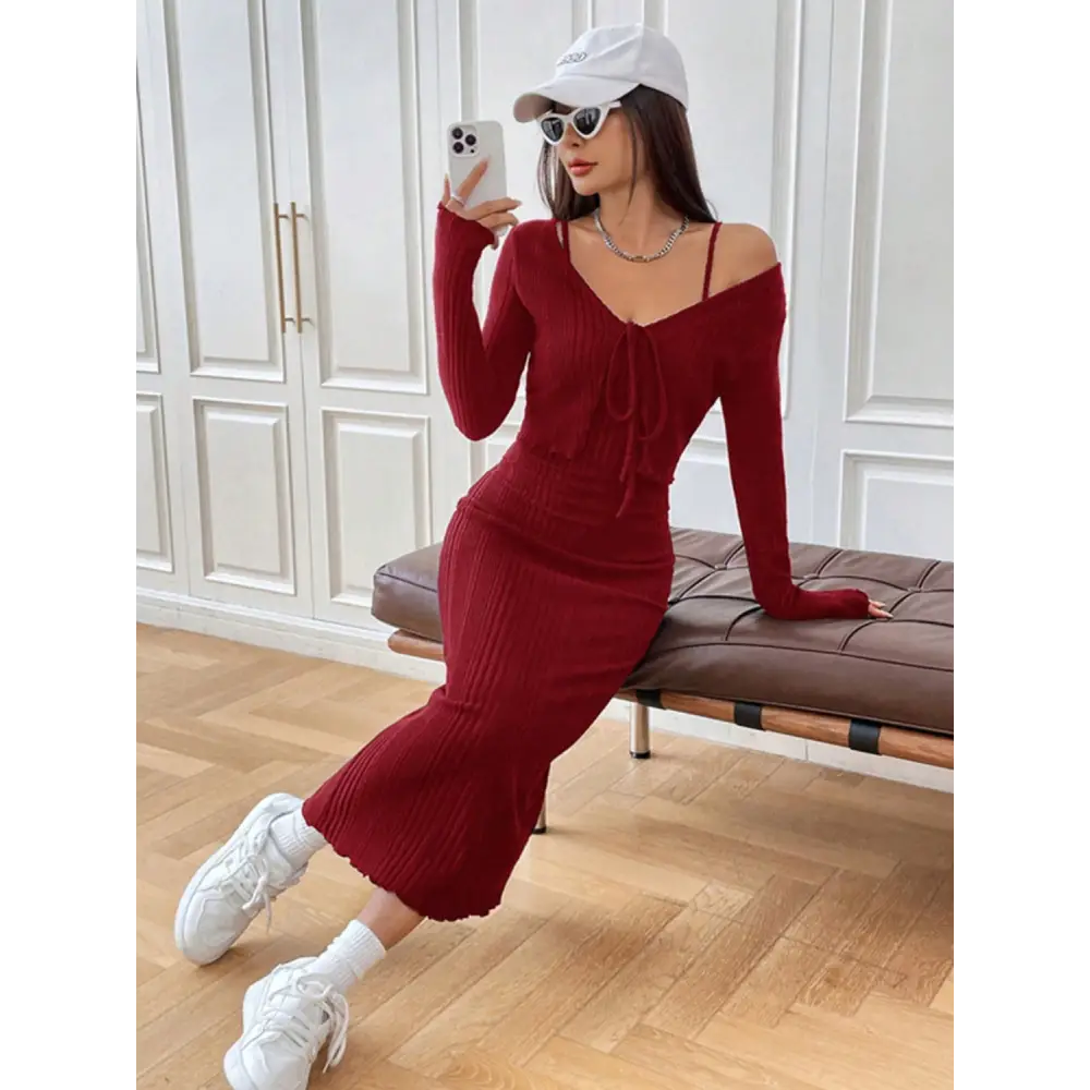 Cami Dress and Tied Long Sleeve Cardigan Set - Bottoms