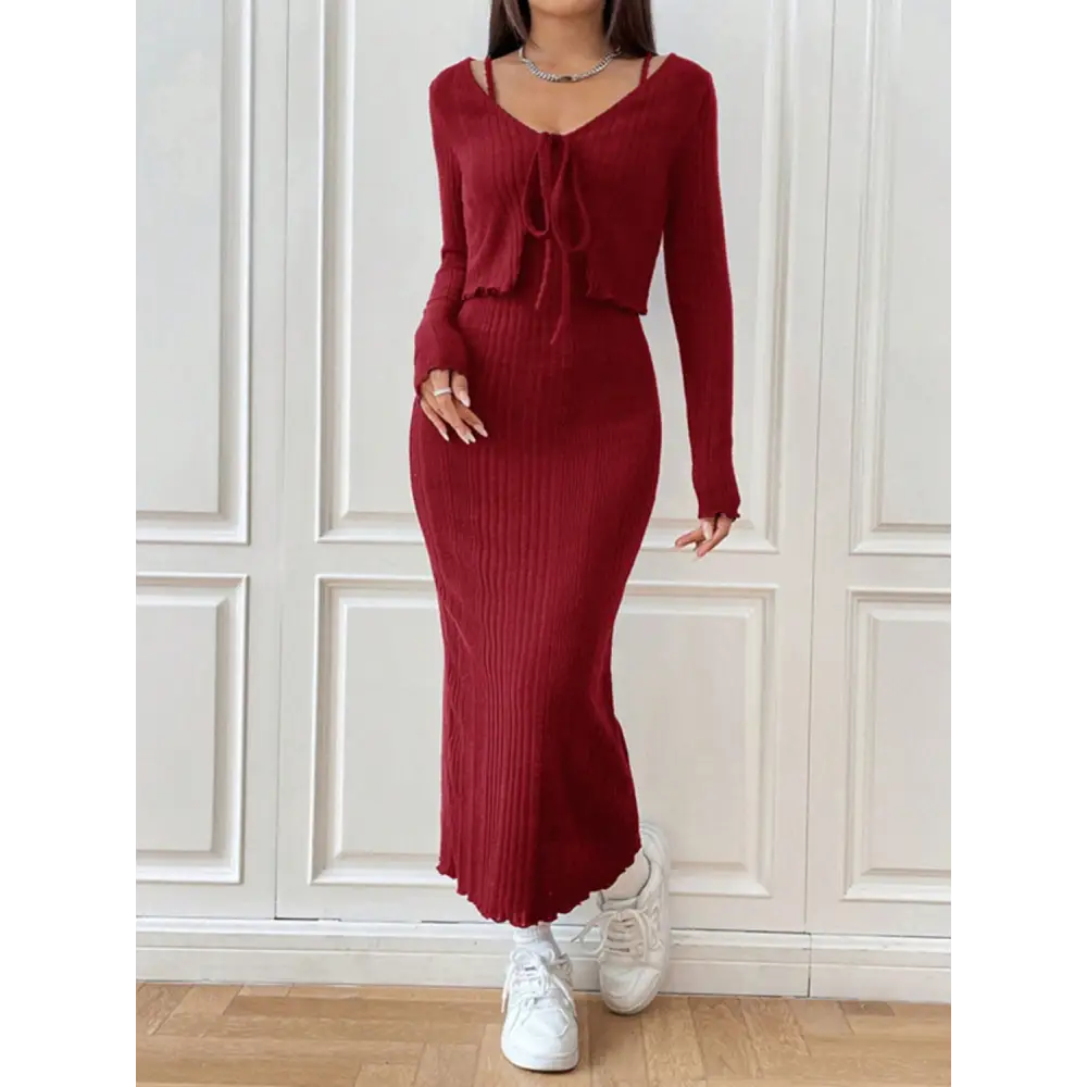 Cami Dress and Tied Long Sleeve Cardigan Set - Burgundy / S - Bottoms