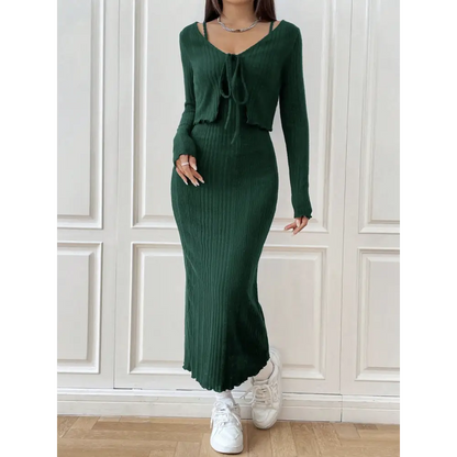 Cami Dress and Tied Long Sleeve Cardigan Set - Dark Green / S - Bottoms