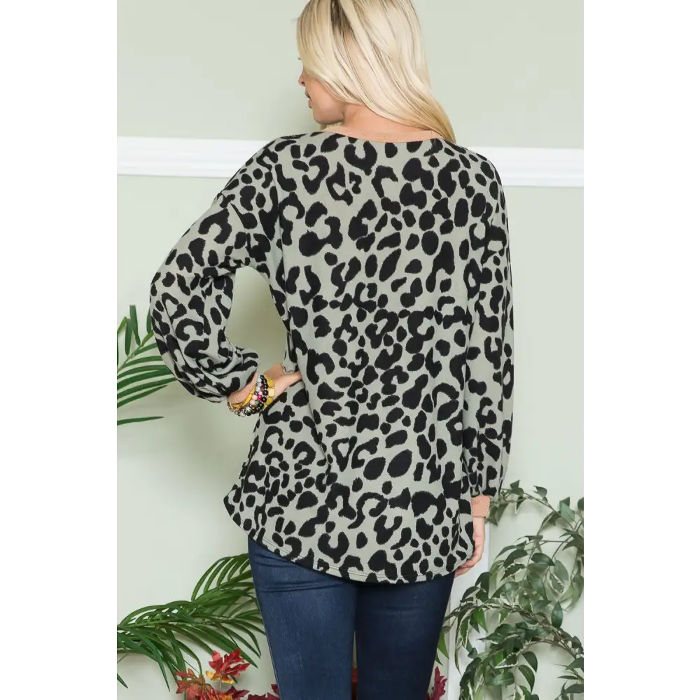 Celeste Full Size Leopard V-Neck Long Sleeve Blouse - Tops