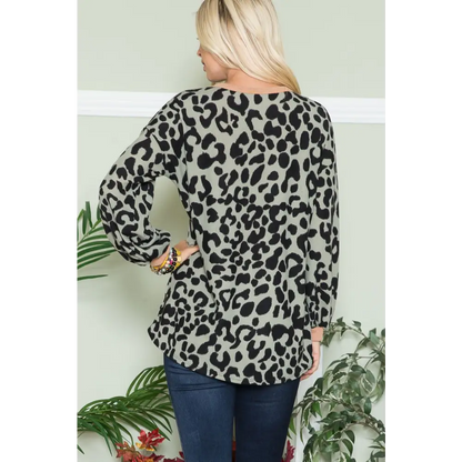 Celeste Full Size Leopard V-Neck Long Sleeve Blouse - Tops