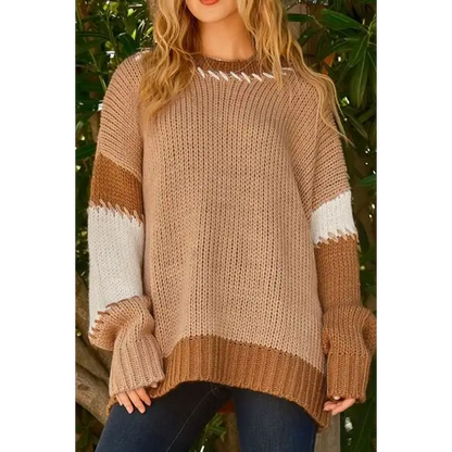 Color Block Round Neck Dropped Shoulder Sweater - Camel / S - Tops