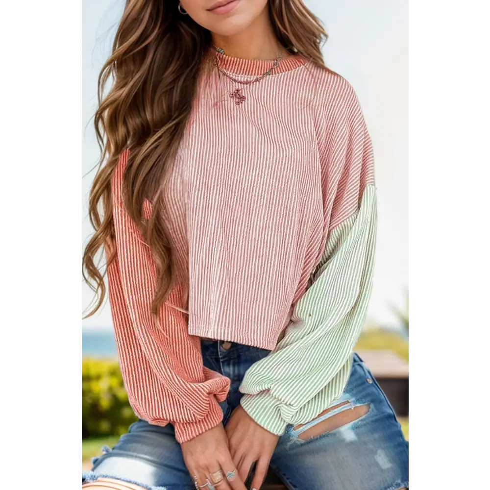 Color Block Round Neck Long Sleeve Top - Dusty Pink / S - Tops