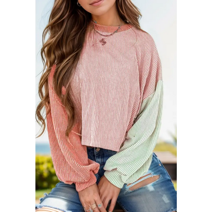 Color Block Round Neck Long Sleeve Top - Dusty Pink / S - Tops