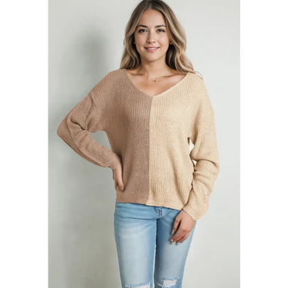 Contrast Color V-Neck Long Sleeve Pullover Sweater - Madi Gray Boutique