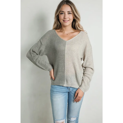 Contrast Color V-Neck Long Sleeve Pullover Sweater - Madi Gray Boutique