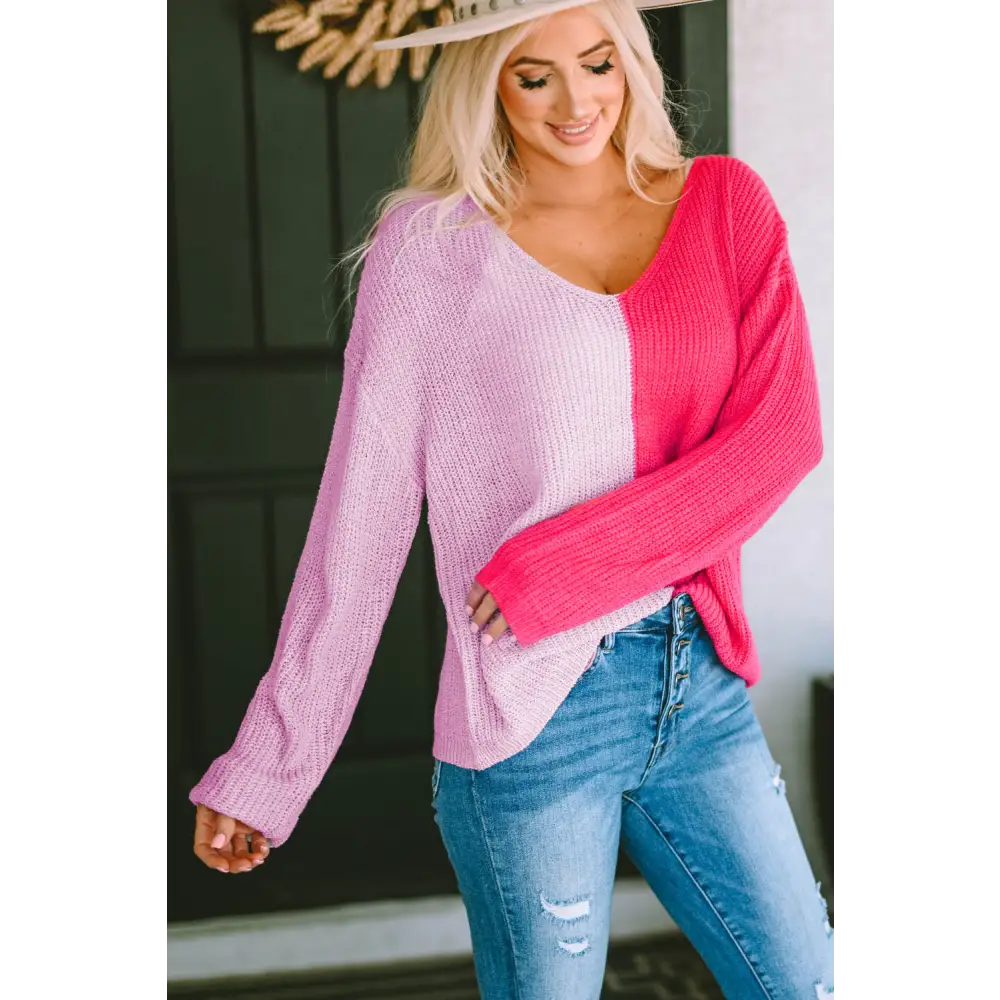 Contrast Color V-Neck Long Sleeve Pullover Sweater - Madi Gray Boutique