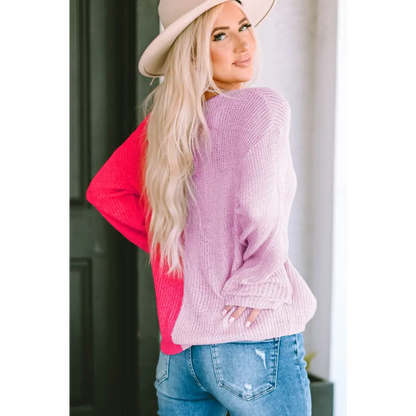 Contrast Color V-Neck Long Sleeve Pullover Sweater - Madi Gray Boutique