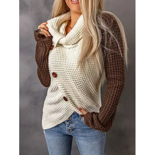 Contrast Decorative Button Turtleneck Sweater - Madi Gray Boutique