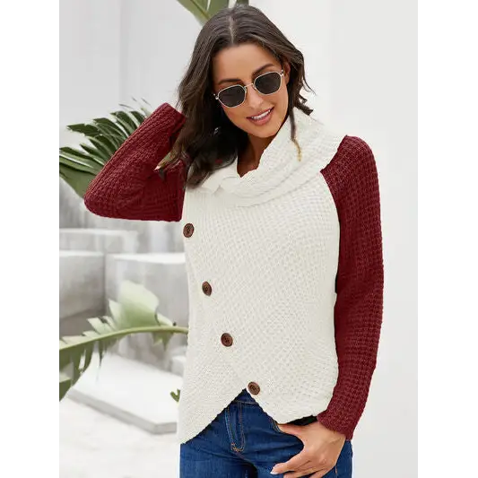 Contrast Decorative Button Turtleneck Sweater - Madi Gray Boutique