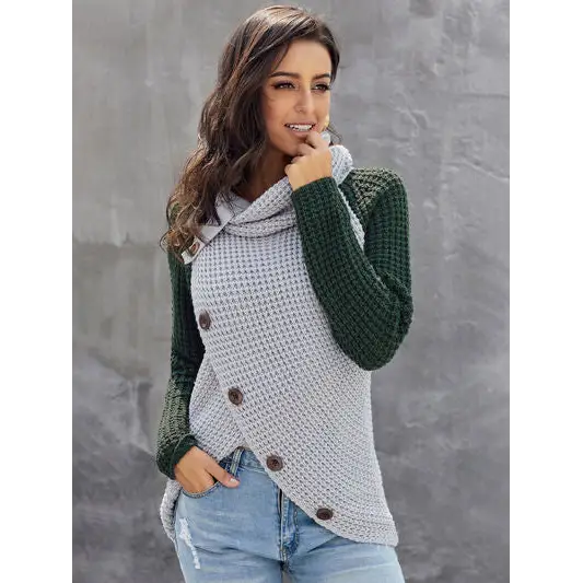 Contrast Decorative Button Turtleneck Sweater - Madi Gray Boutique